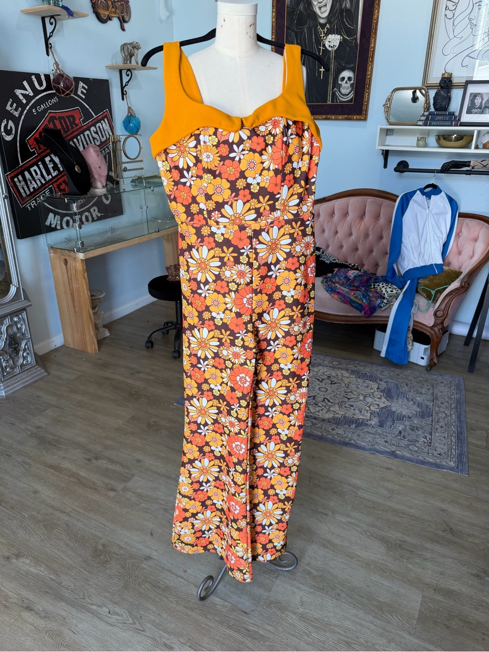 Vintage Orange Floral Wide-Leg Jumpsuit